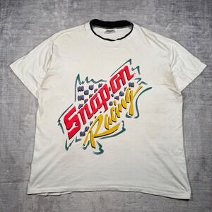 Snap On Racing Shirt Mens XL White Vintage 90s Neon Layered Neck Single Stitch